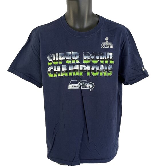 Mens Nike Seattle Seahawks Super Bowl XLVIII Champs T-Shirt Sz L - Picture 1 of 8